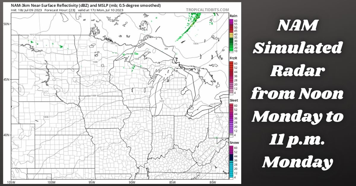 NAM simulated radar from noon Monday to 11 p.m. Monday
